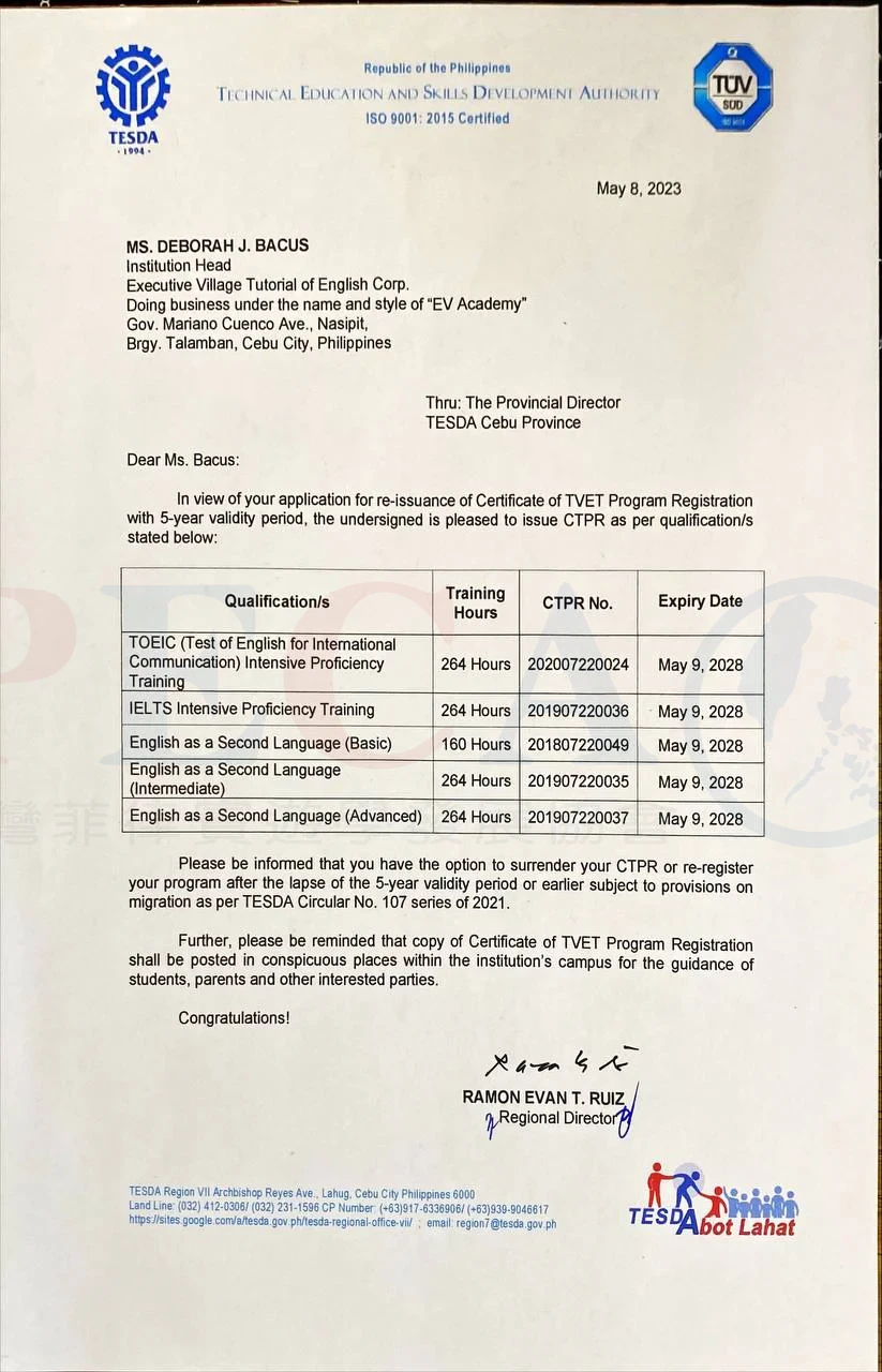 EV Academy TESDA 認證 - 菲律賓技職教育局認可