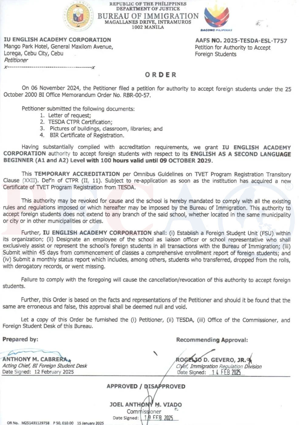 IU Academy SSP 認證文件 - 菲律賓合法辦學證明