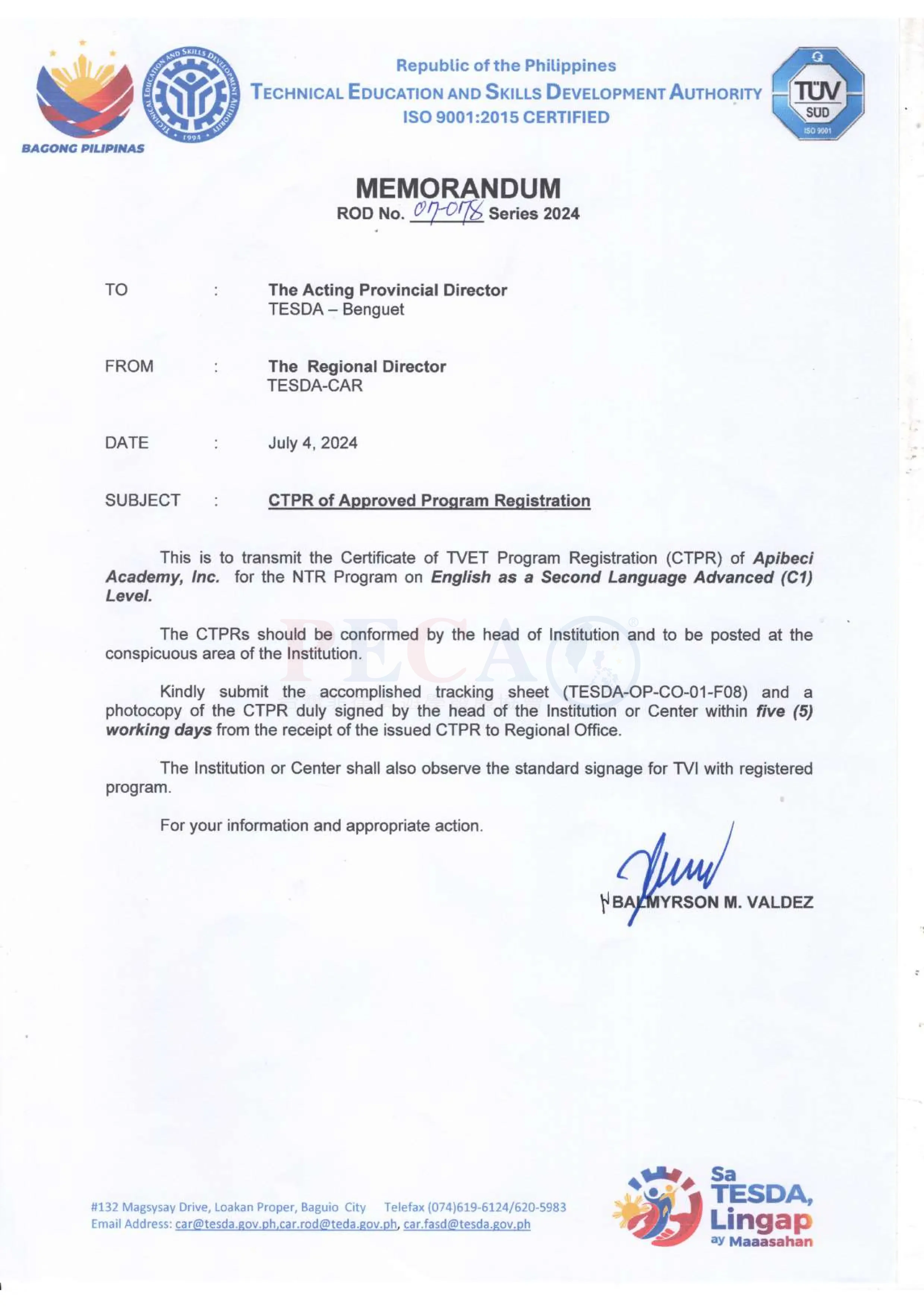 Beci Academy 碧瑤語言學校 TESDA 認證 - 菲律賓技職教育局認可