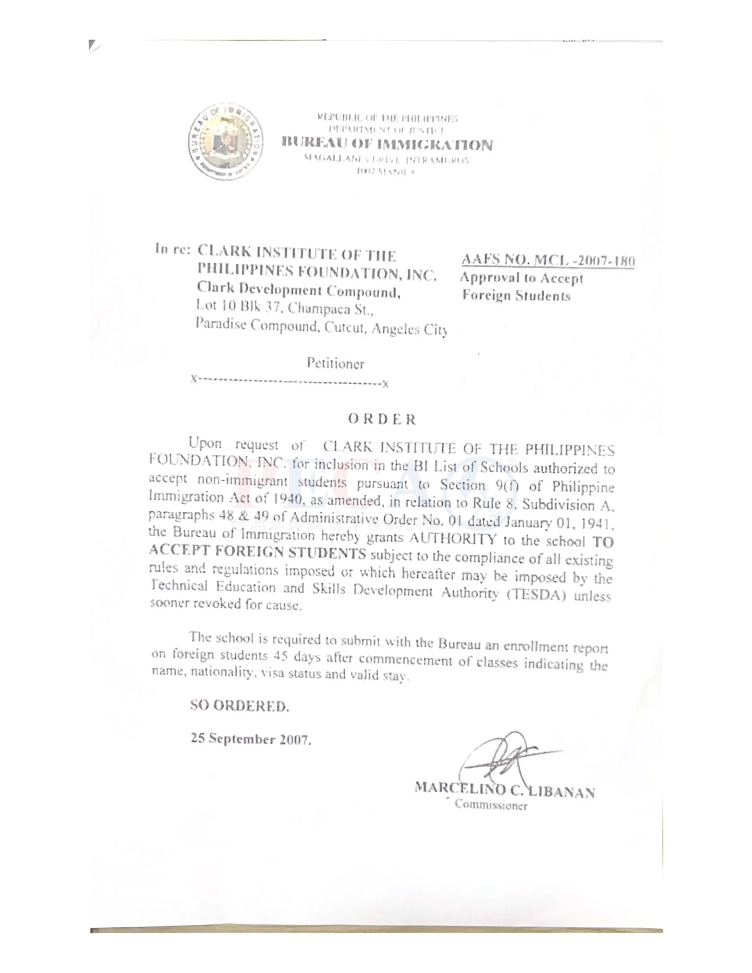 CIP 克拉克語言學校 SSP 認證文件 - 菲律賓合法辦學證明