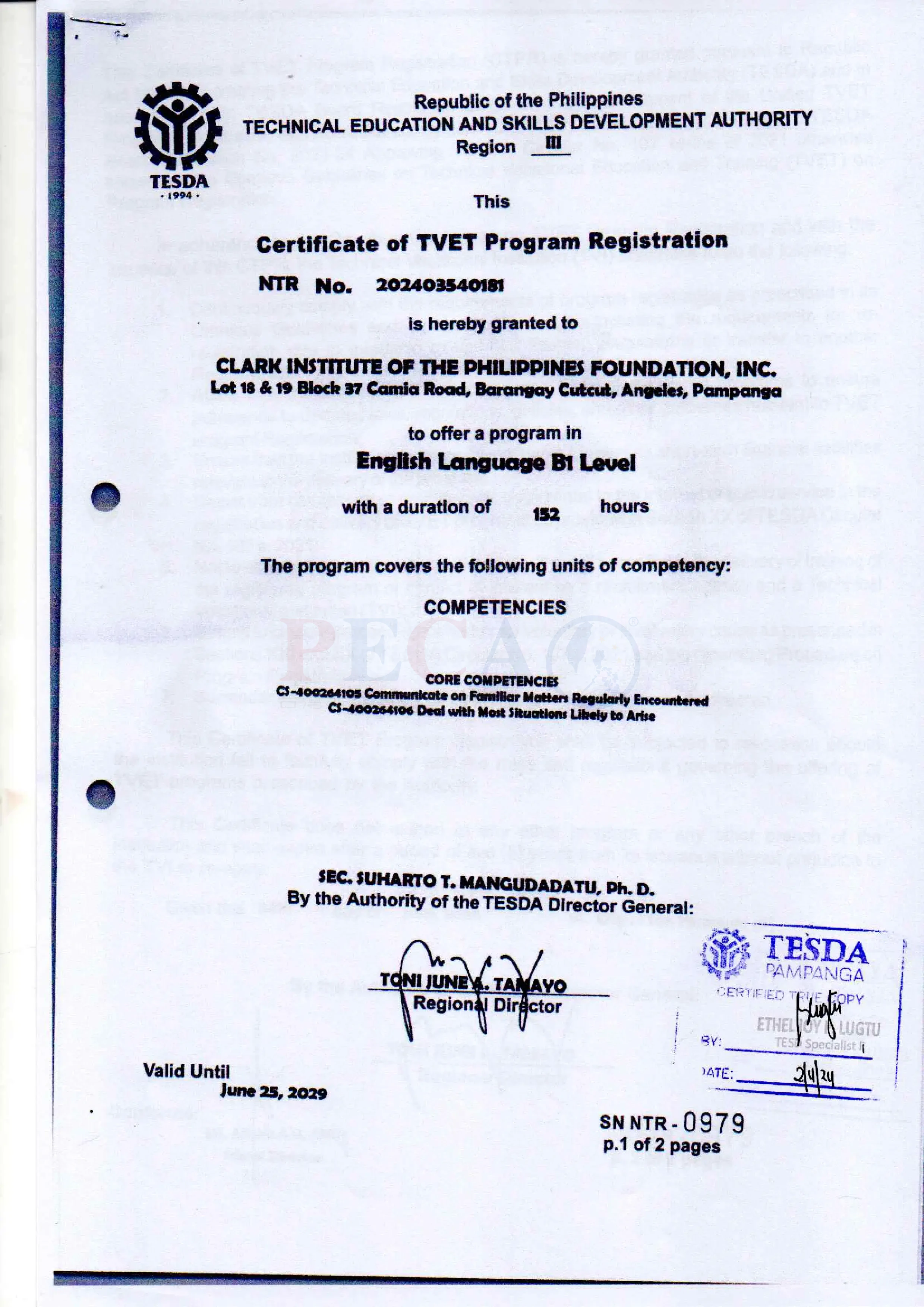CIP 克拉克語言學校 TESDA 認證 - 菲律賓技職教育局認可
