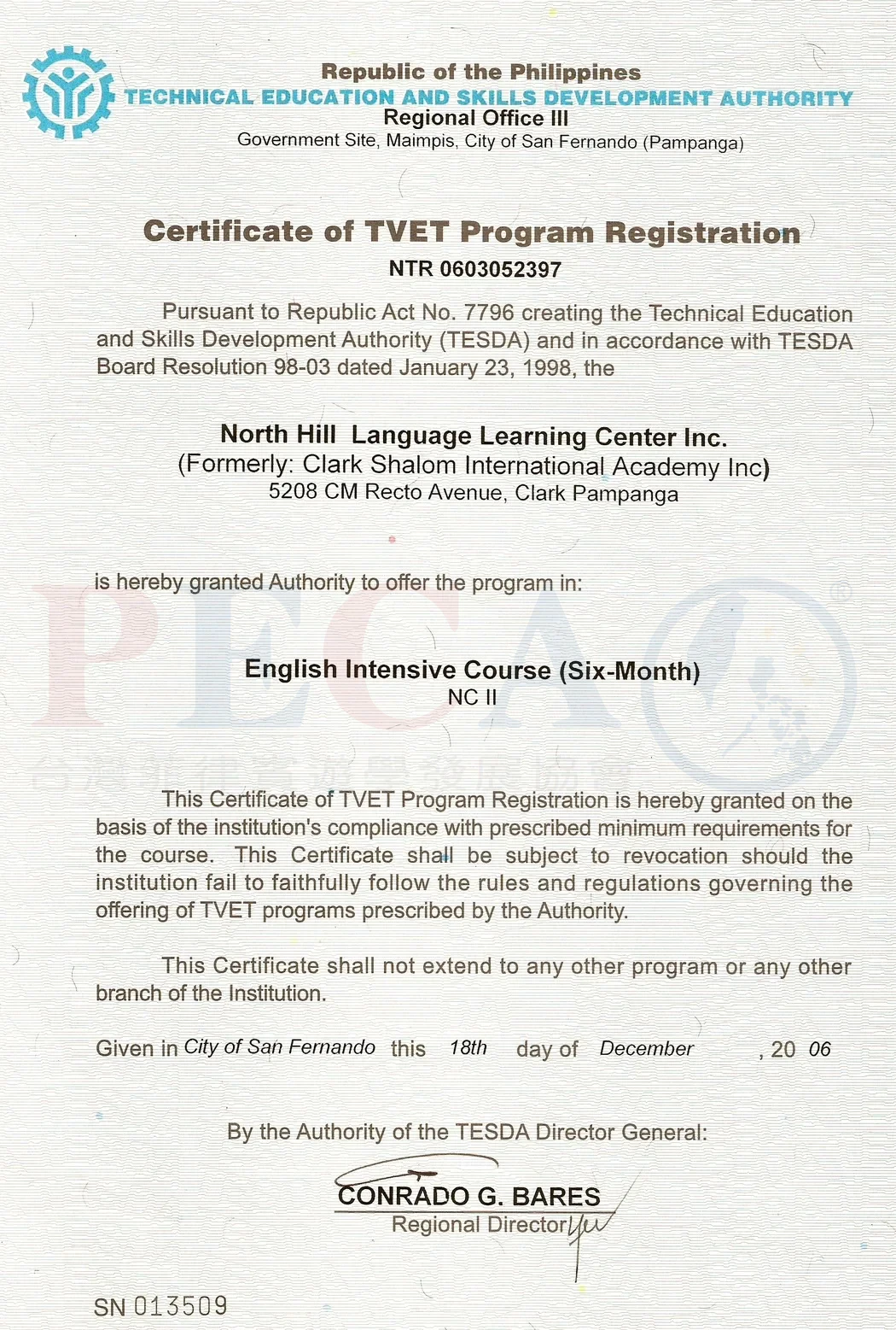 GS 克拉克語言學校 TESDA 認證 - 菲律賓技職教育局認可