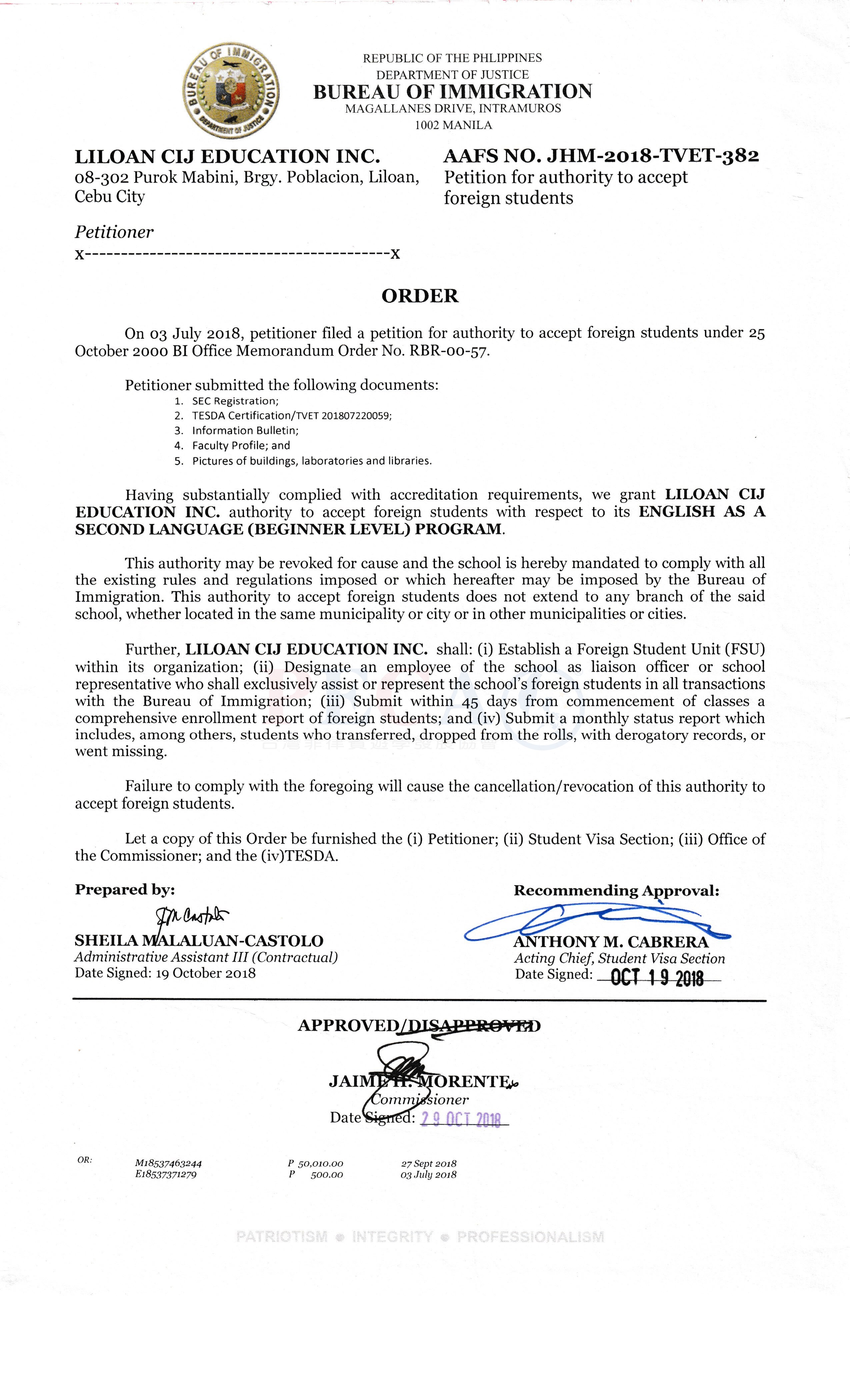 CIJ SSP 認證文件 - 菲律賓合法辦學證明