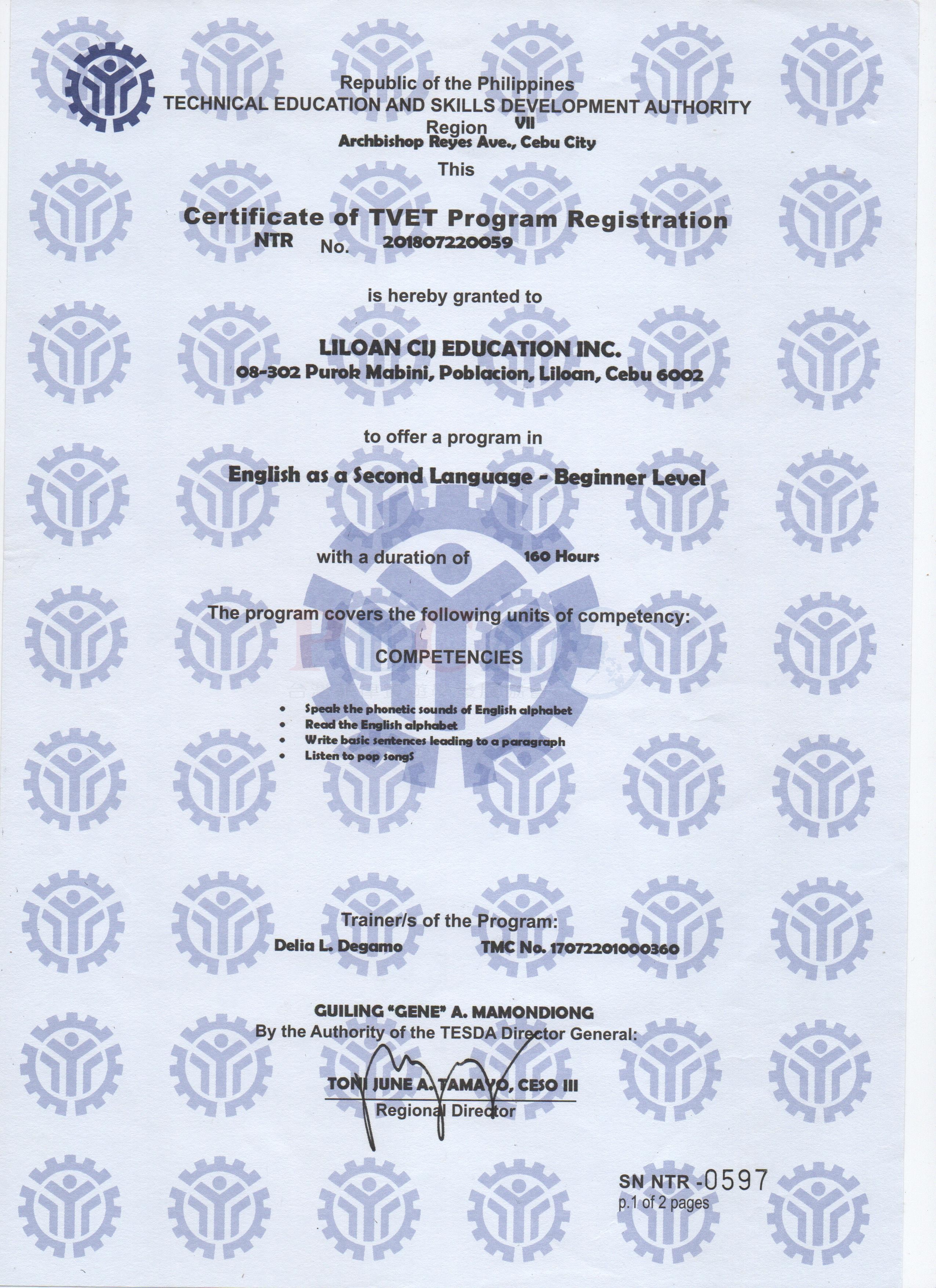 CIJ TESDA 認證 - 菲律賓技職教育局認可
