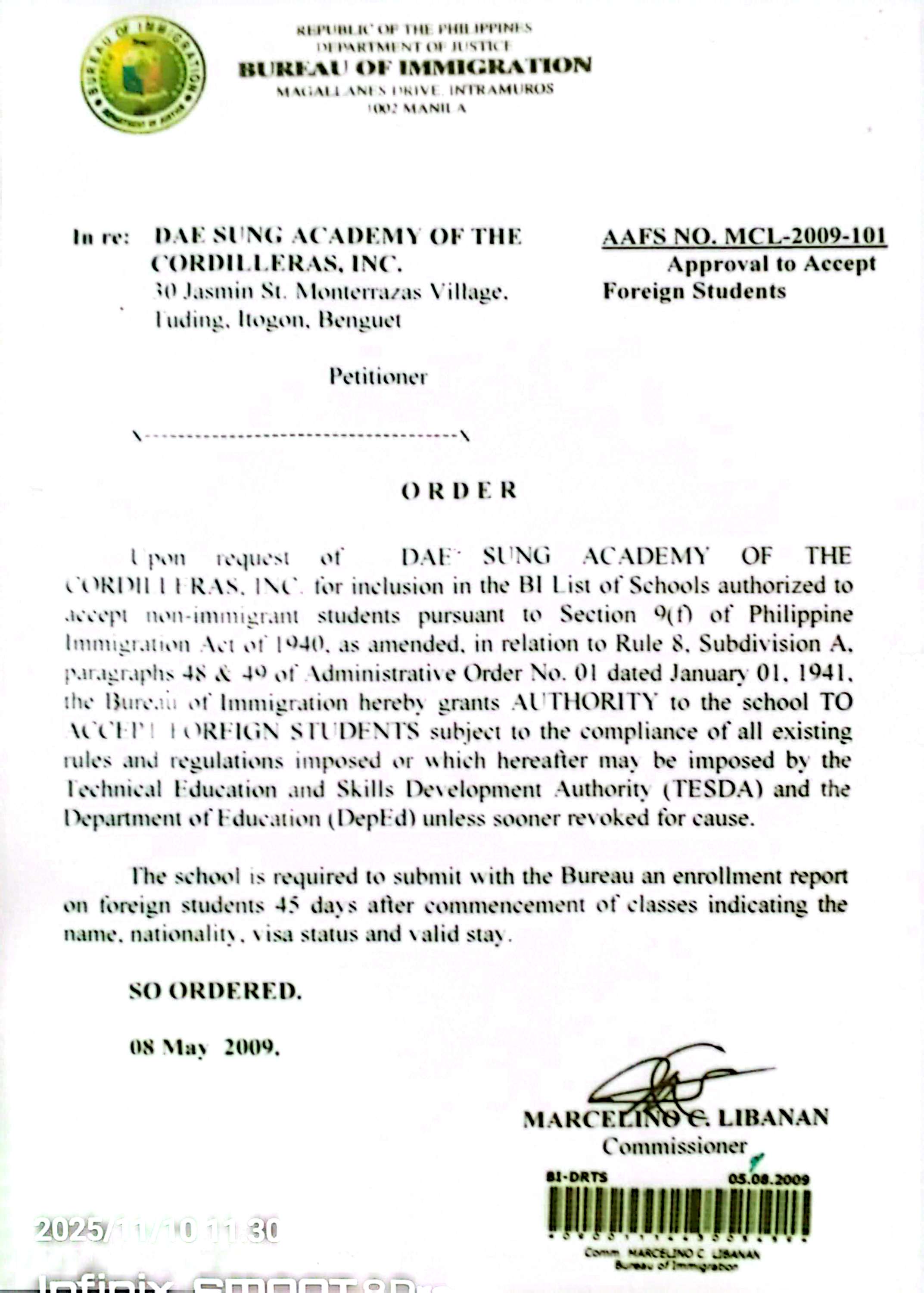 A&J Academy 碧瑤語言學校 SSP 認證文件 - 菲律賓合法辦學證明