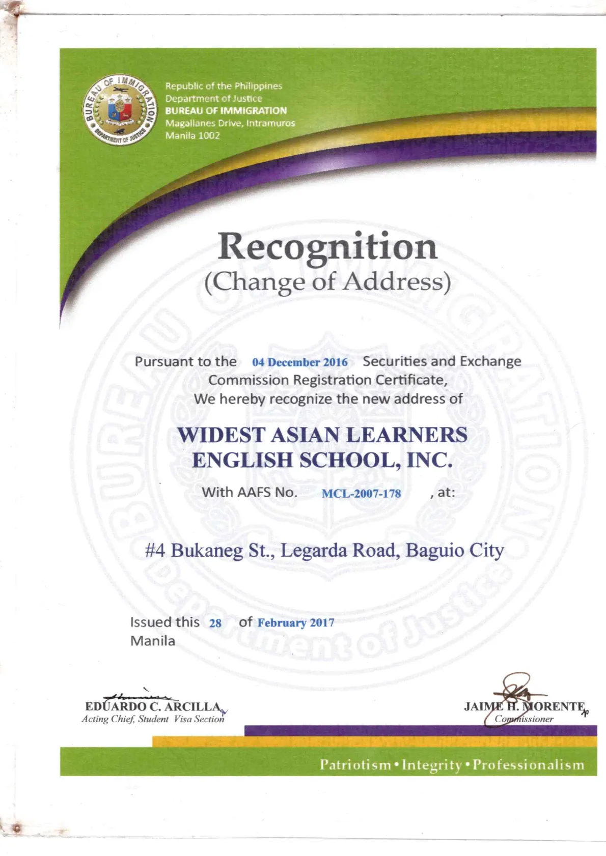 Wales 碧瑤語言學校 SSP 認證文件 - 菲律賓合法辦學證明
