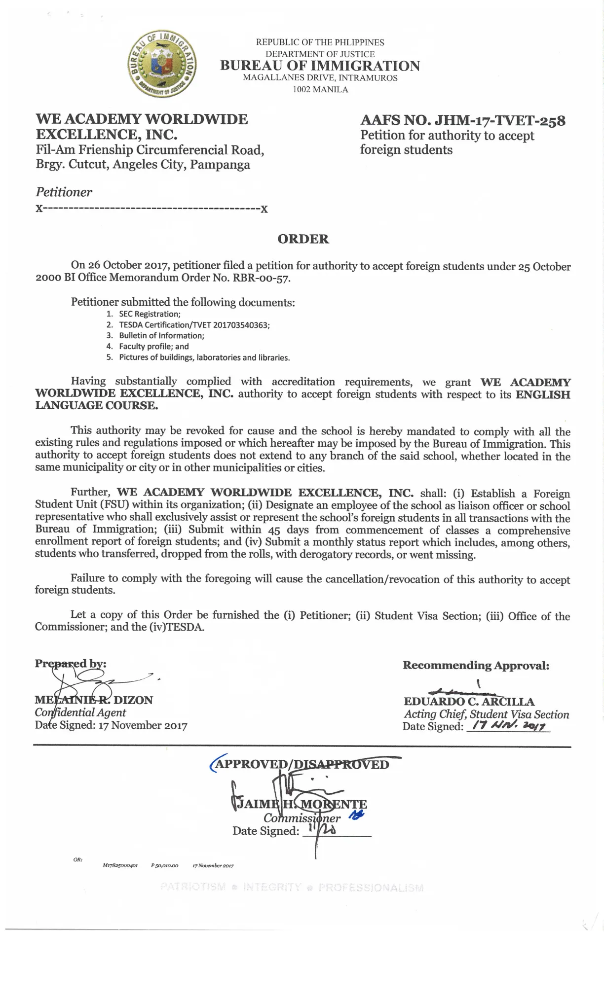 WE Academy 克拉克語言學校 SSP 認證文件 - 菲律賓合法辦學證明