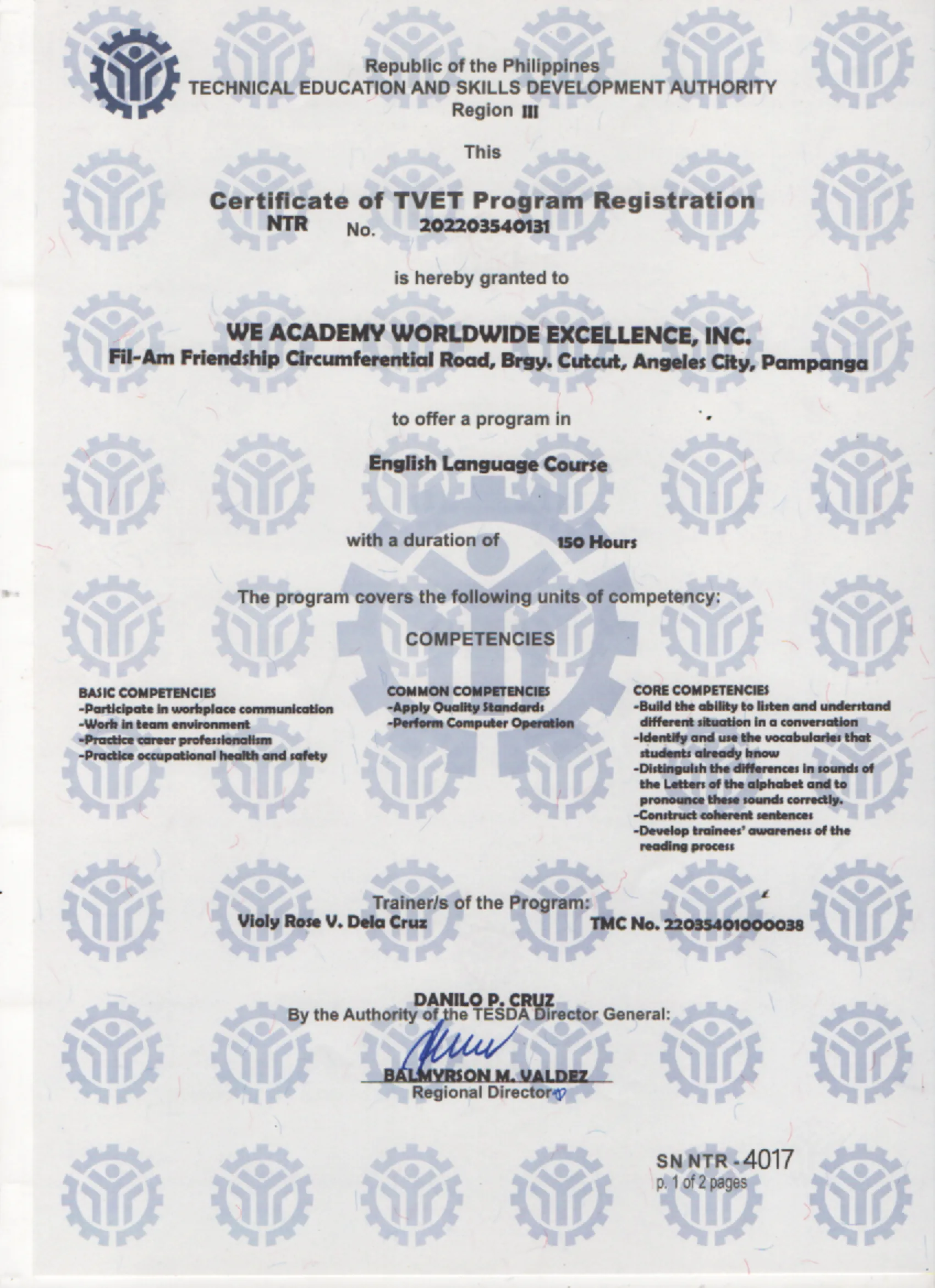 WE Academy 克拉克語言學校 TESDA 認證 - 菲律賓技職教育局認可