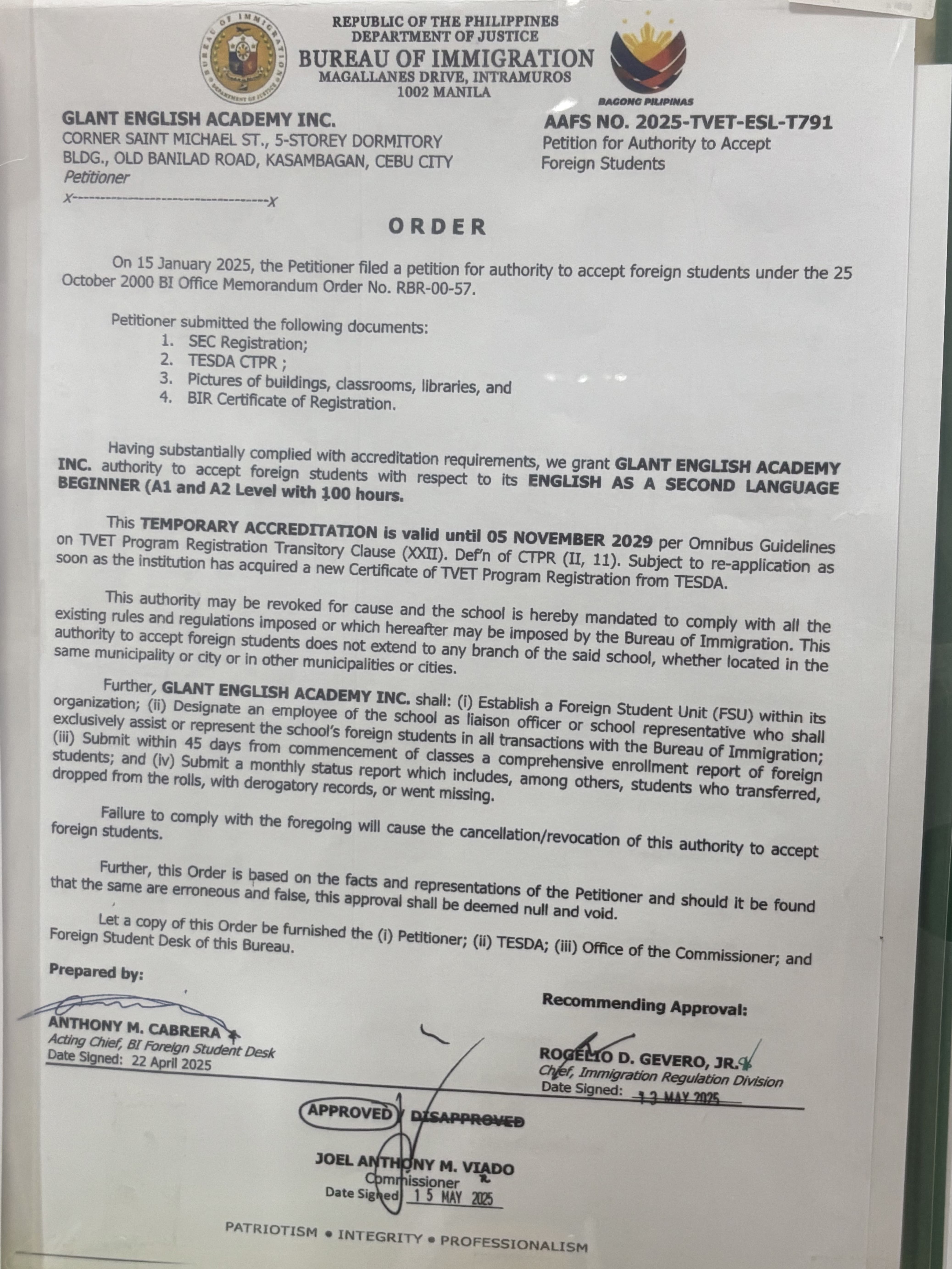 Glant SSP 認證文件 - 菲律賓合法辦學證明