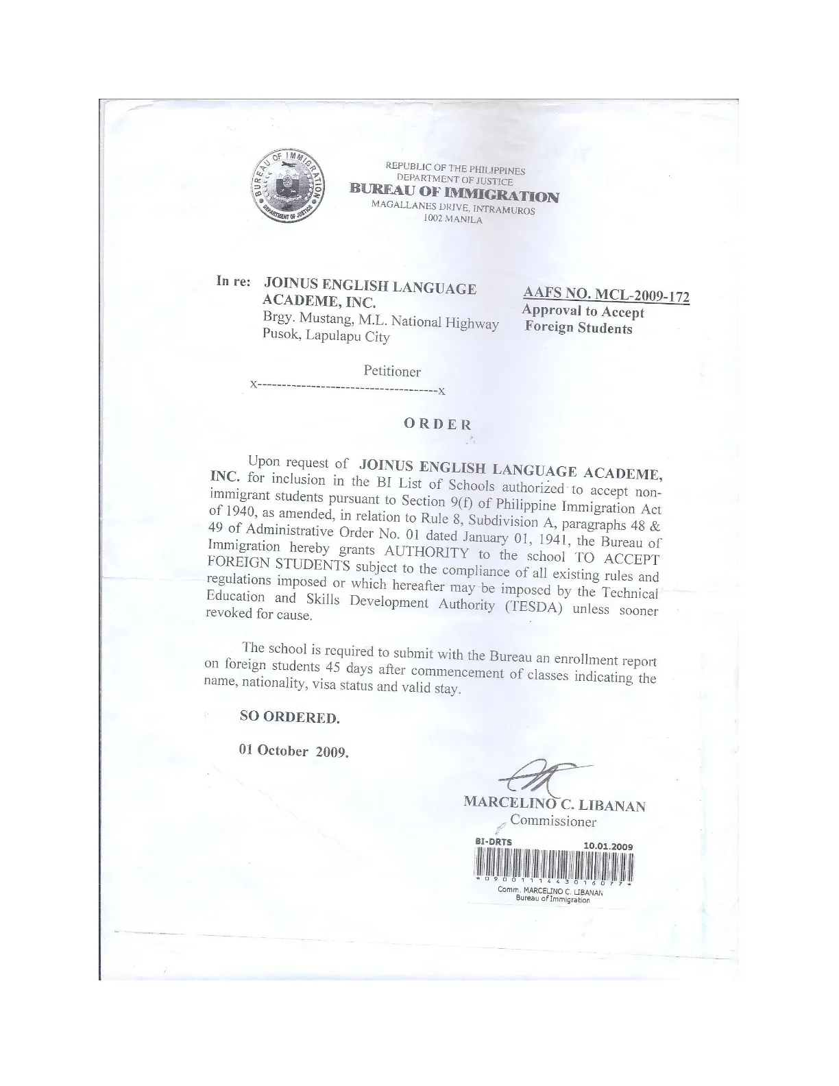 Philinter SSP 認證文件 - 菲律賓合法辦學證明