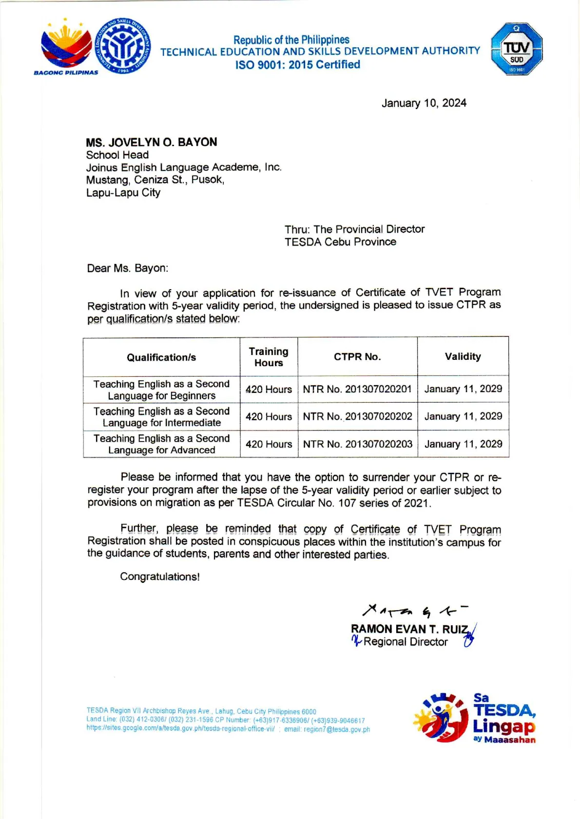 Philinter TESDA 認證 - 菲律賓技職教育局認可