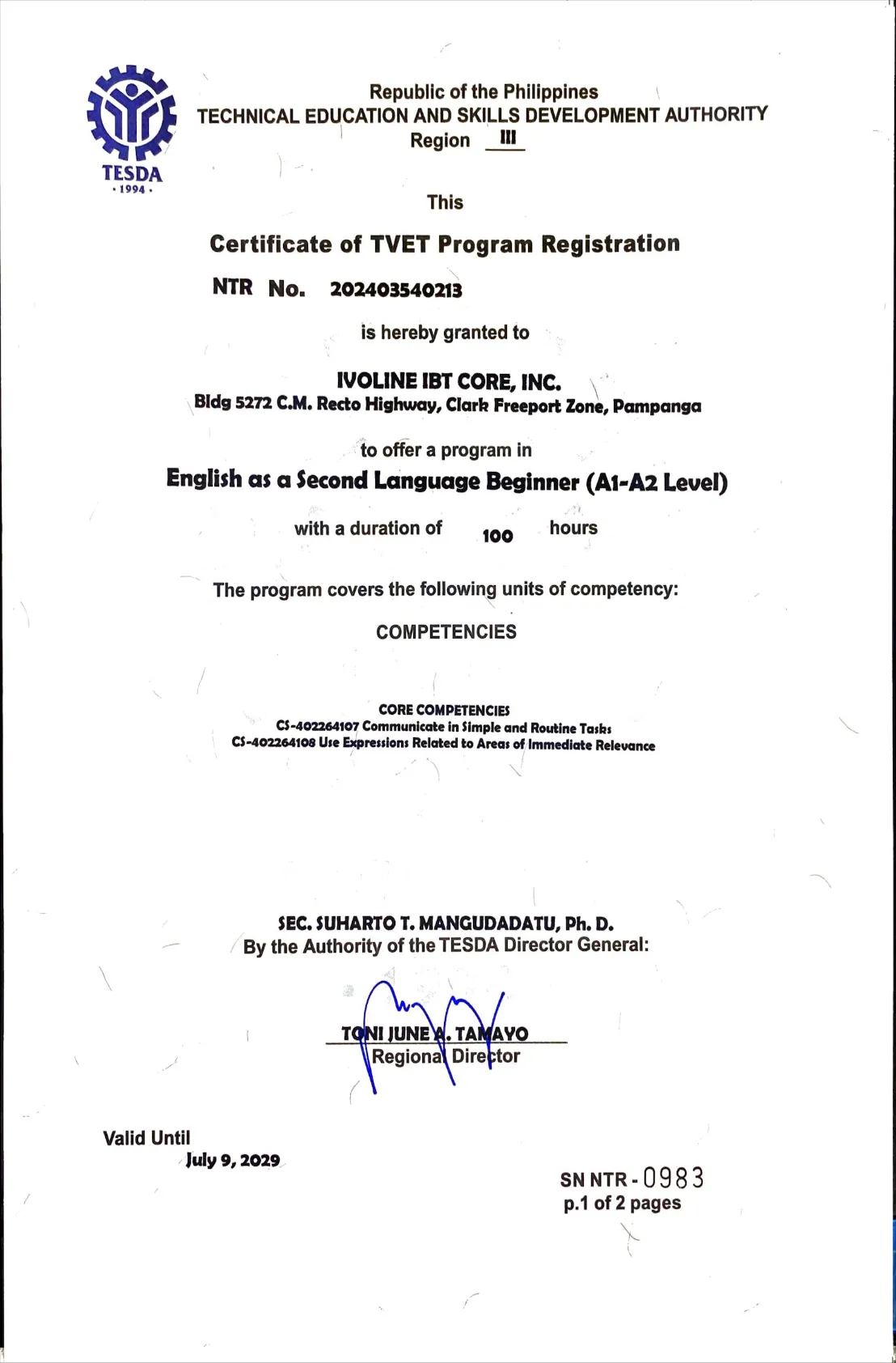 Help Clark 克拉克語言學校 TESDA 認證 - 菲律賓技職教育局認可