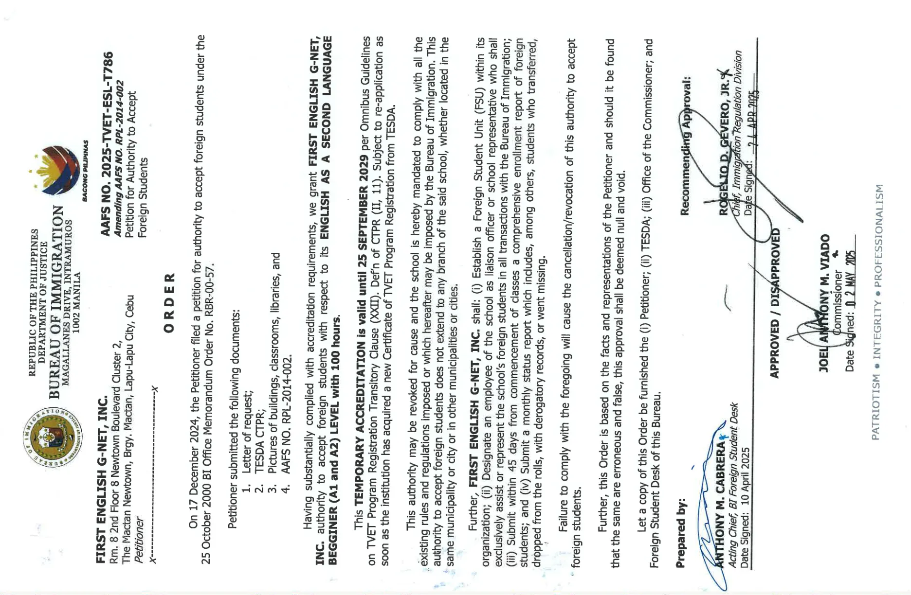 First English SSP 認證文件 - 菲律賓合法辦學證明