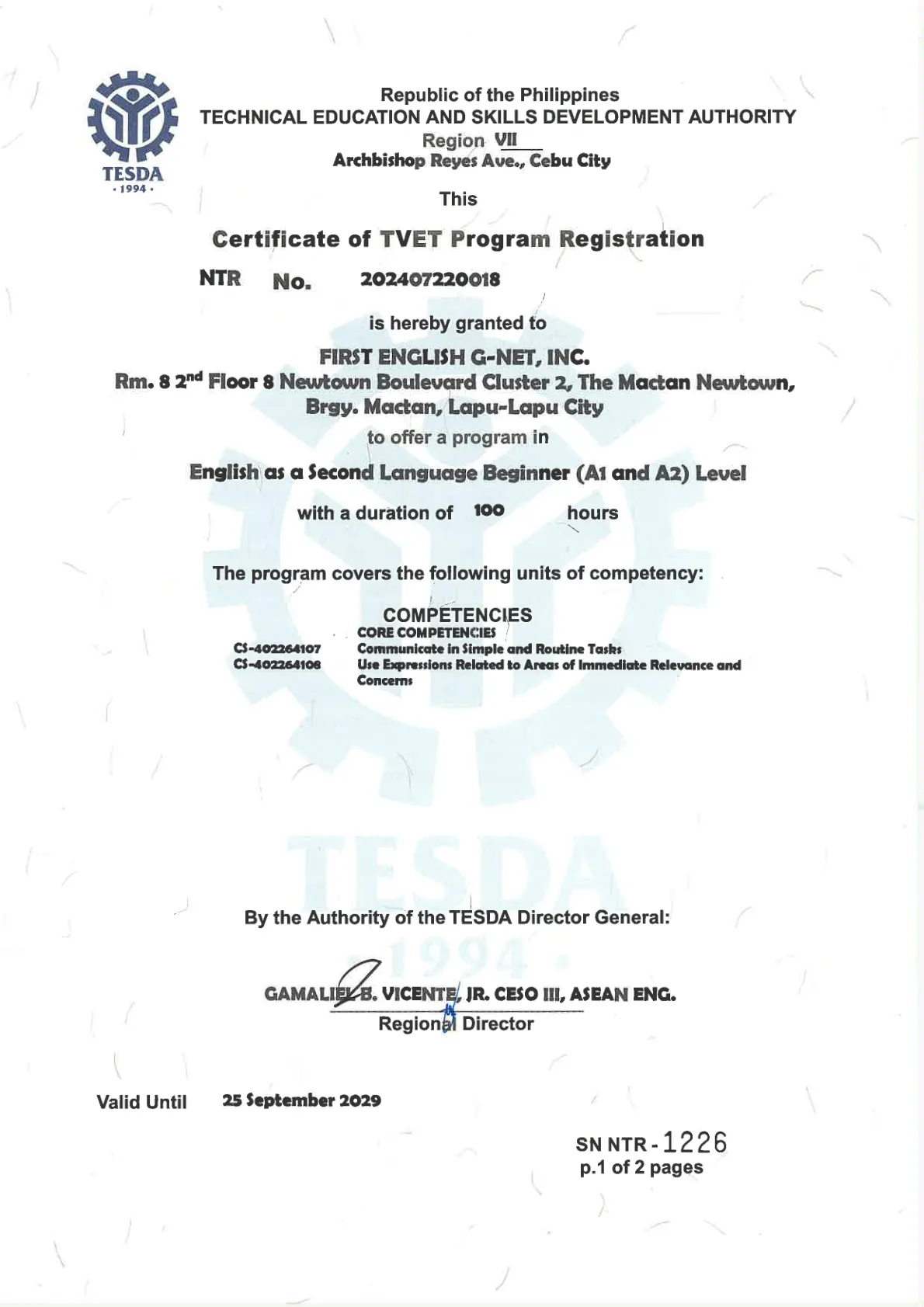 First English TESDA 認證 - 菲律賓技職教育局認可