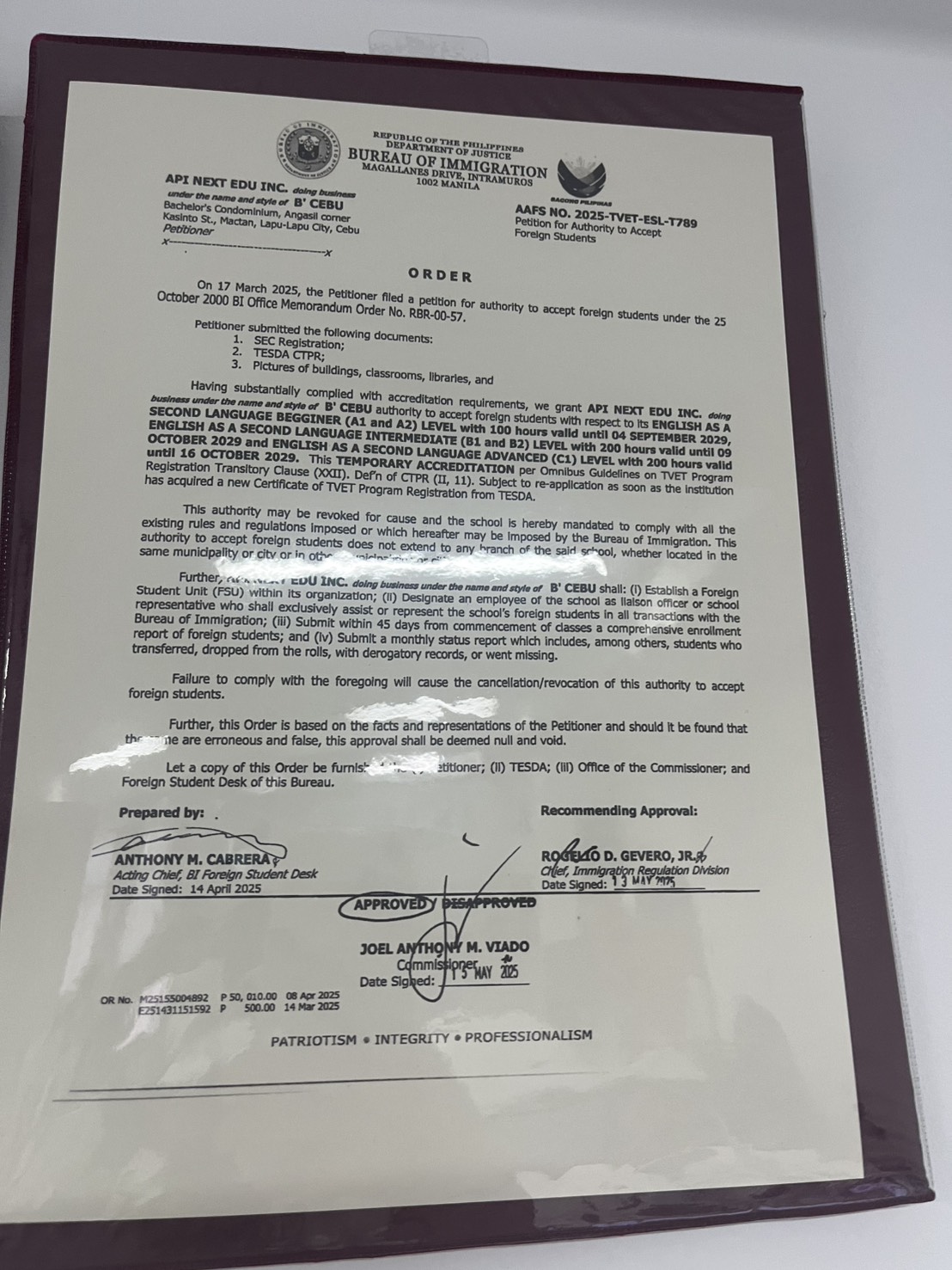 BCEBU SSP 認證文件 - 菲律賓合法辦學證明