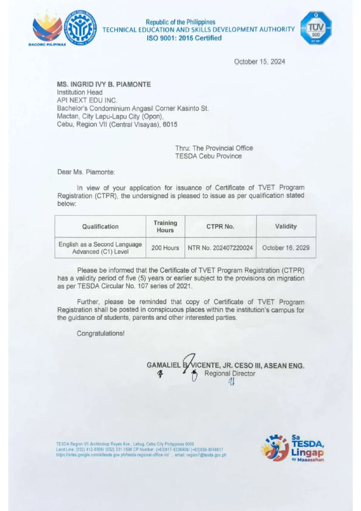 BCEBU TESDA 認證 - 菲律賓技職教育局認可