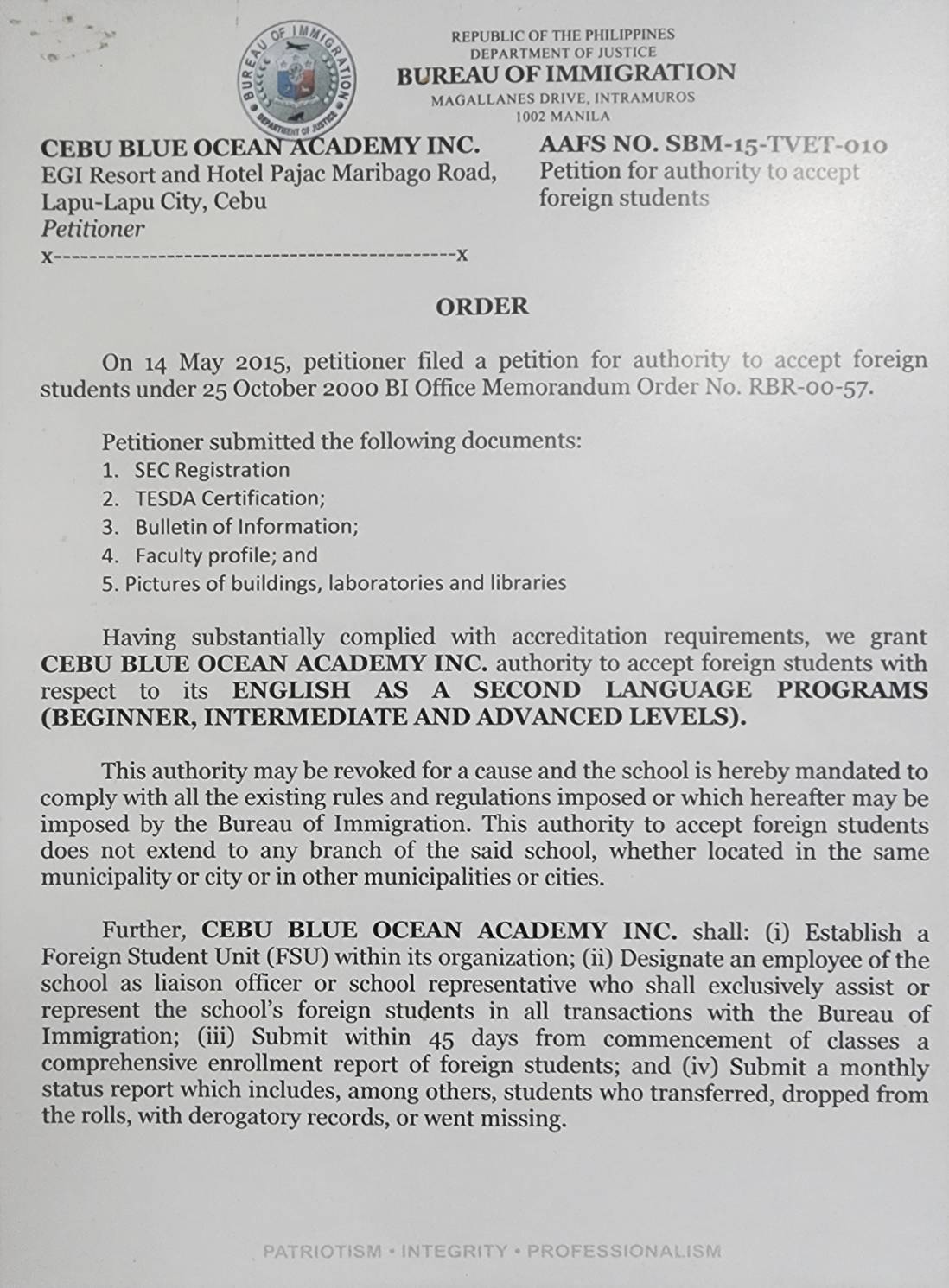 CBOA SSP 認證文件 - 菲律賓合法辦學證明