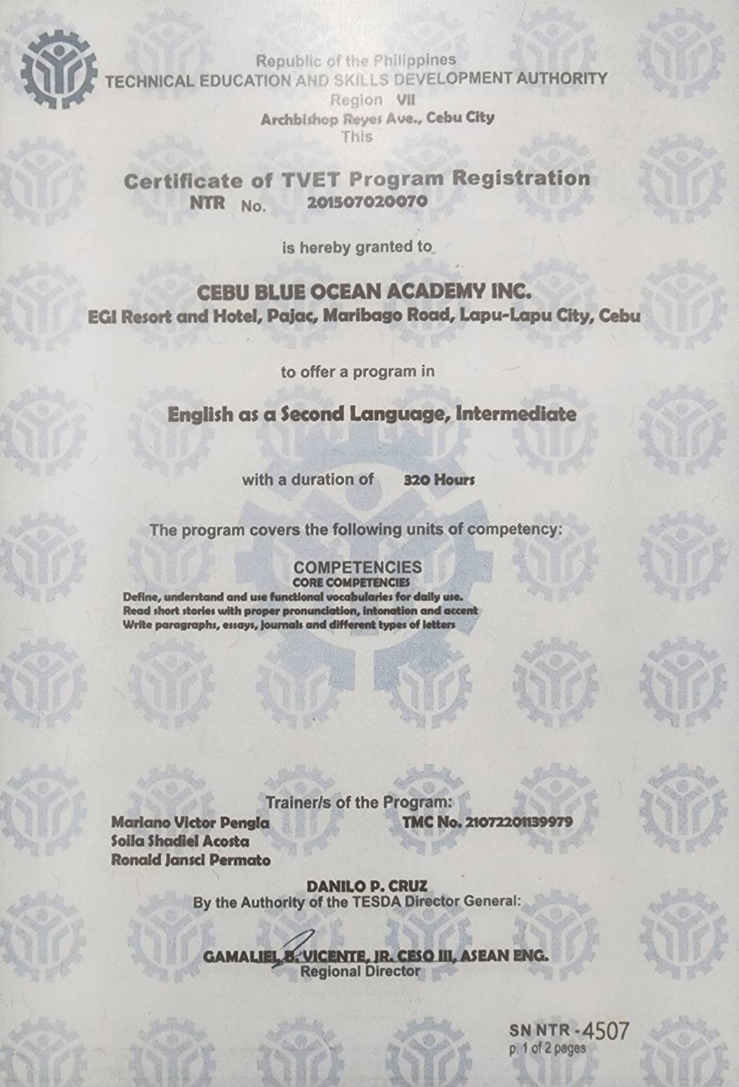 CBOA TESDA 認證 - 菲律賓技職教育局認可