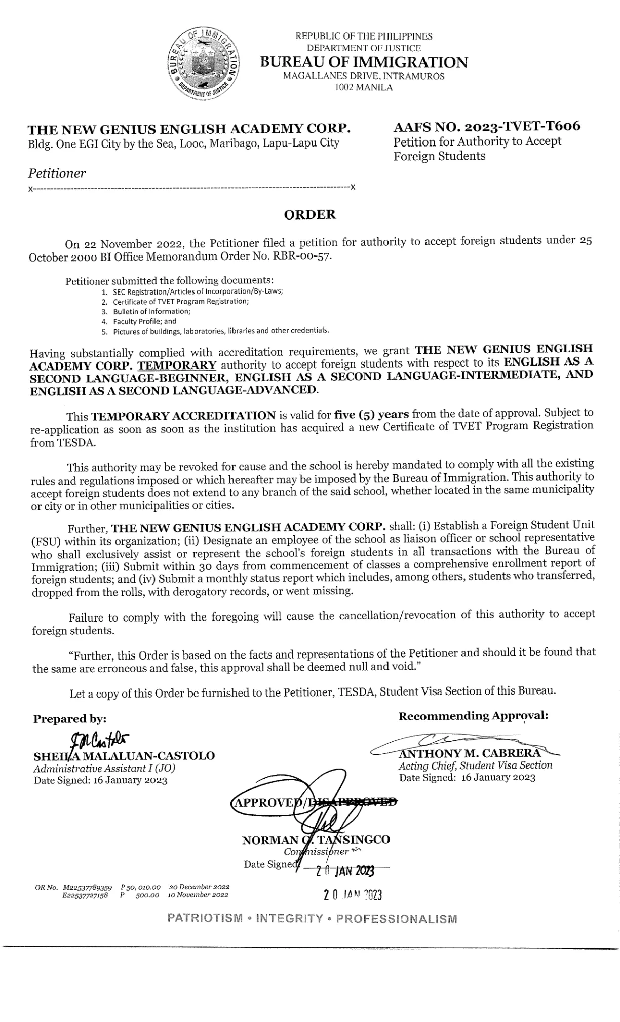 Genius SSP 認證文件 - 菲律賓合法辦學證明