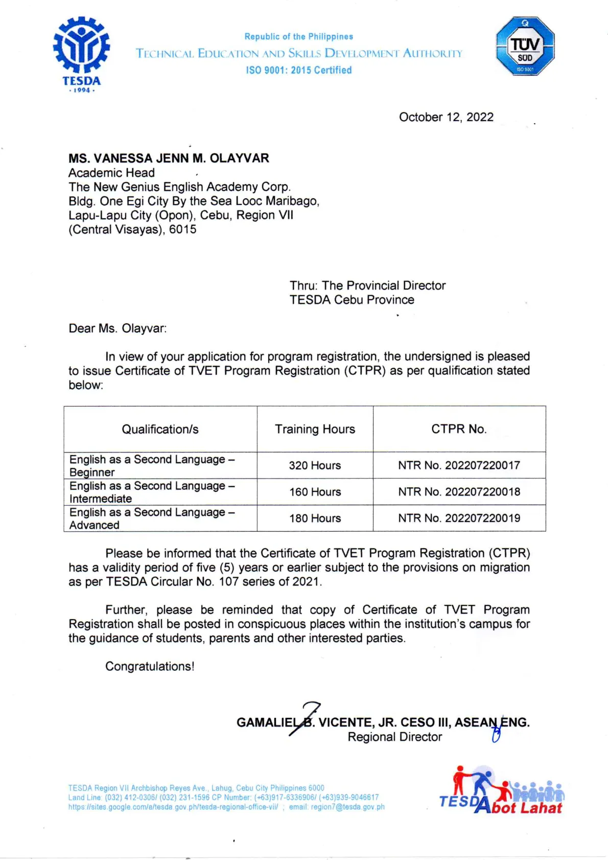Genius TESDA 認證 - 菲律賓技職教育局認可