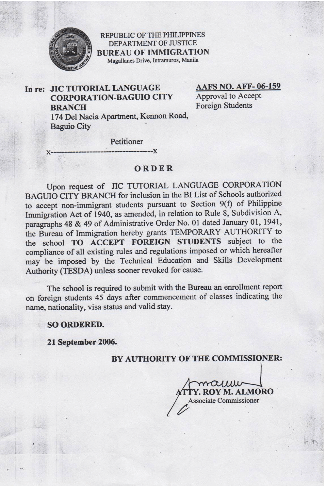 JIC 碧瑤語言學校 SSP 認證文件 - 菲律賓合法辦學證明