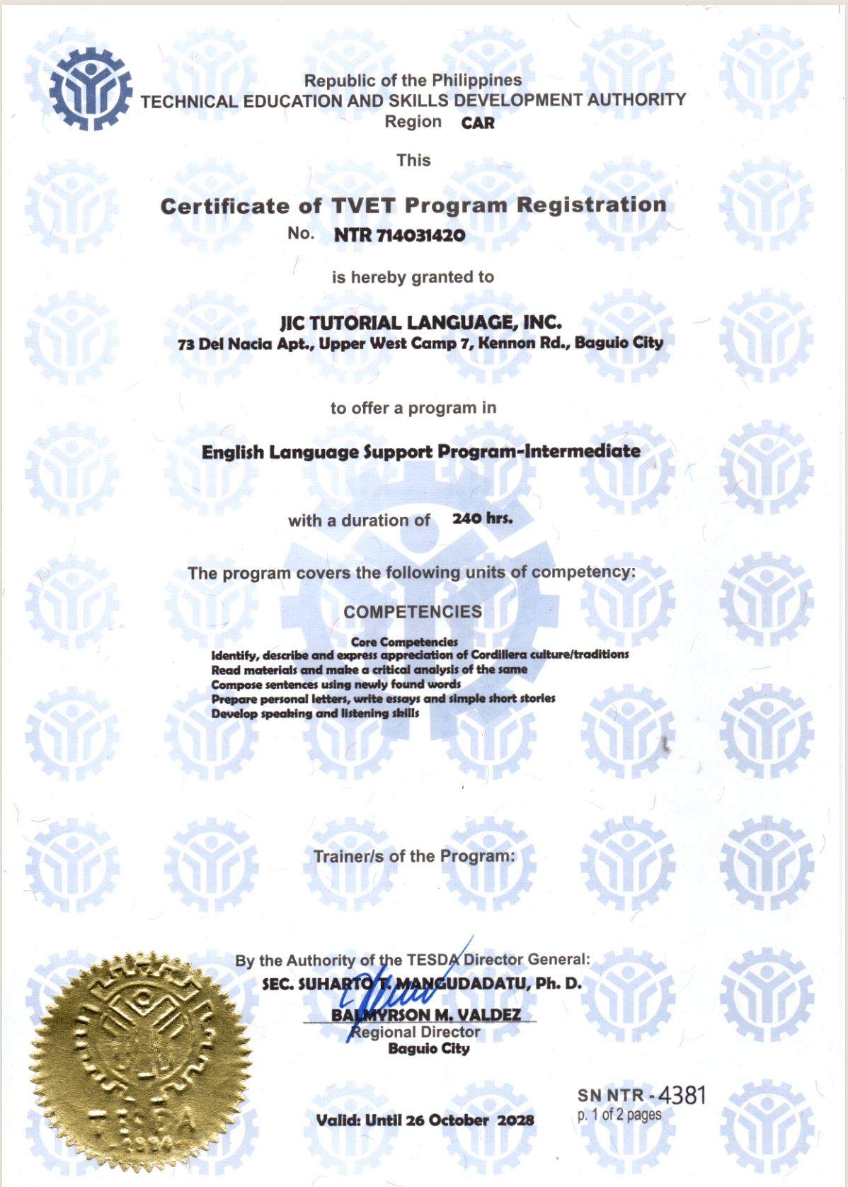 JIC 碧瑤語言學校 TESDA 認證 - 菲律賓技職教育局認可