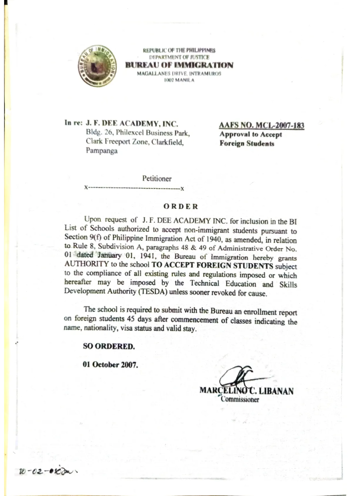 Talk Academy 克拉克語言學校 SSP 認證文件 - 菲律賓合法辦學證明