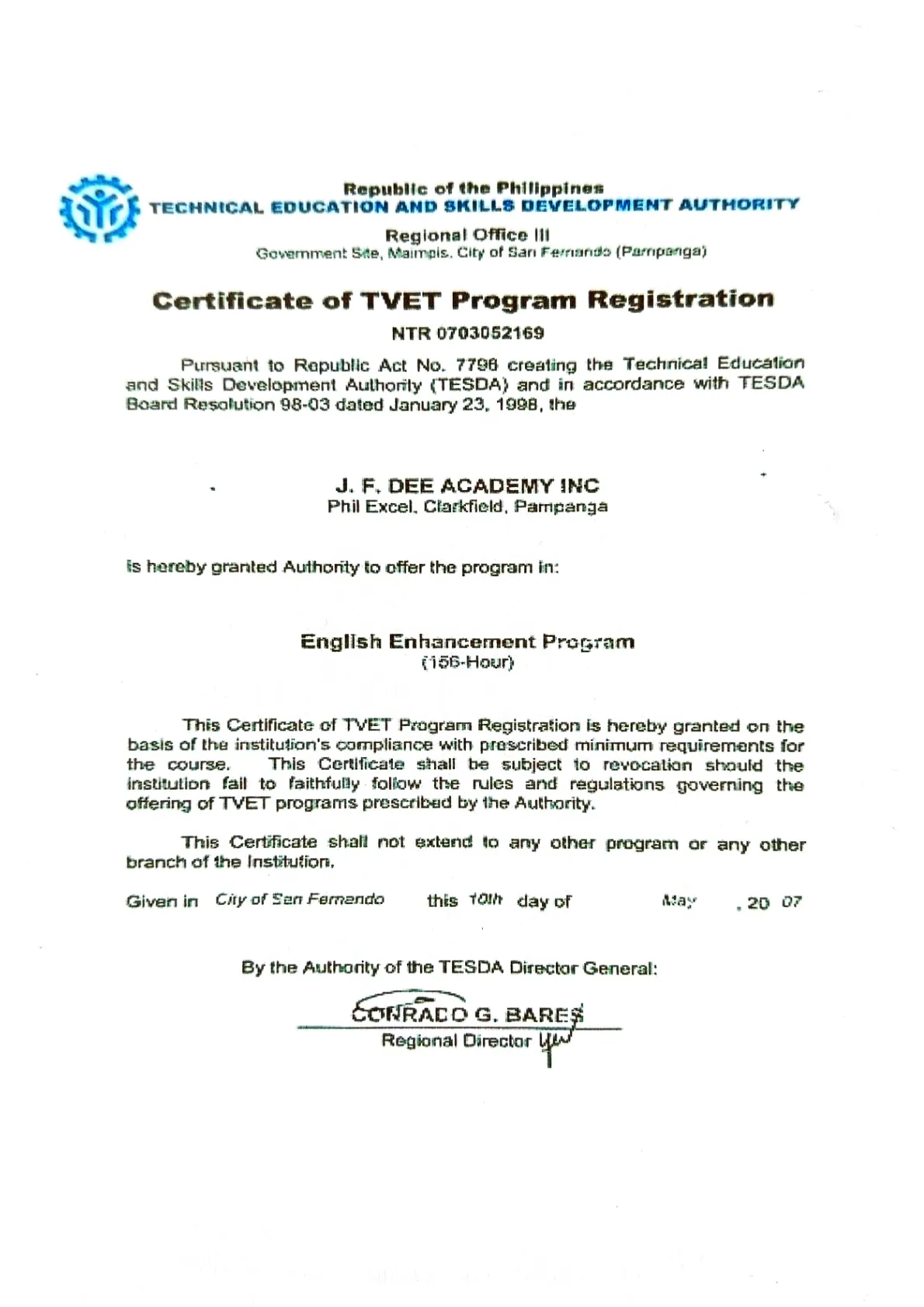 Talk Academy 克拉克語言學校 TESDA 認證 - 菲律賓技職教育局認可