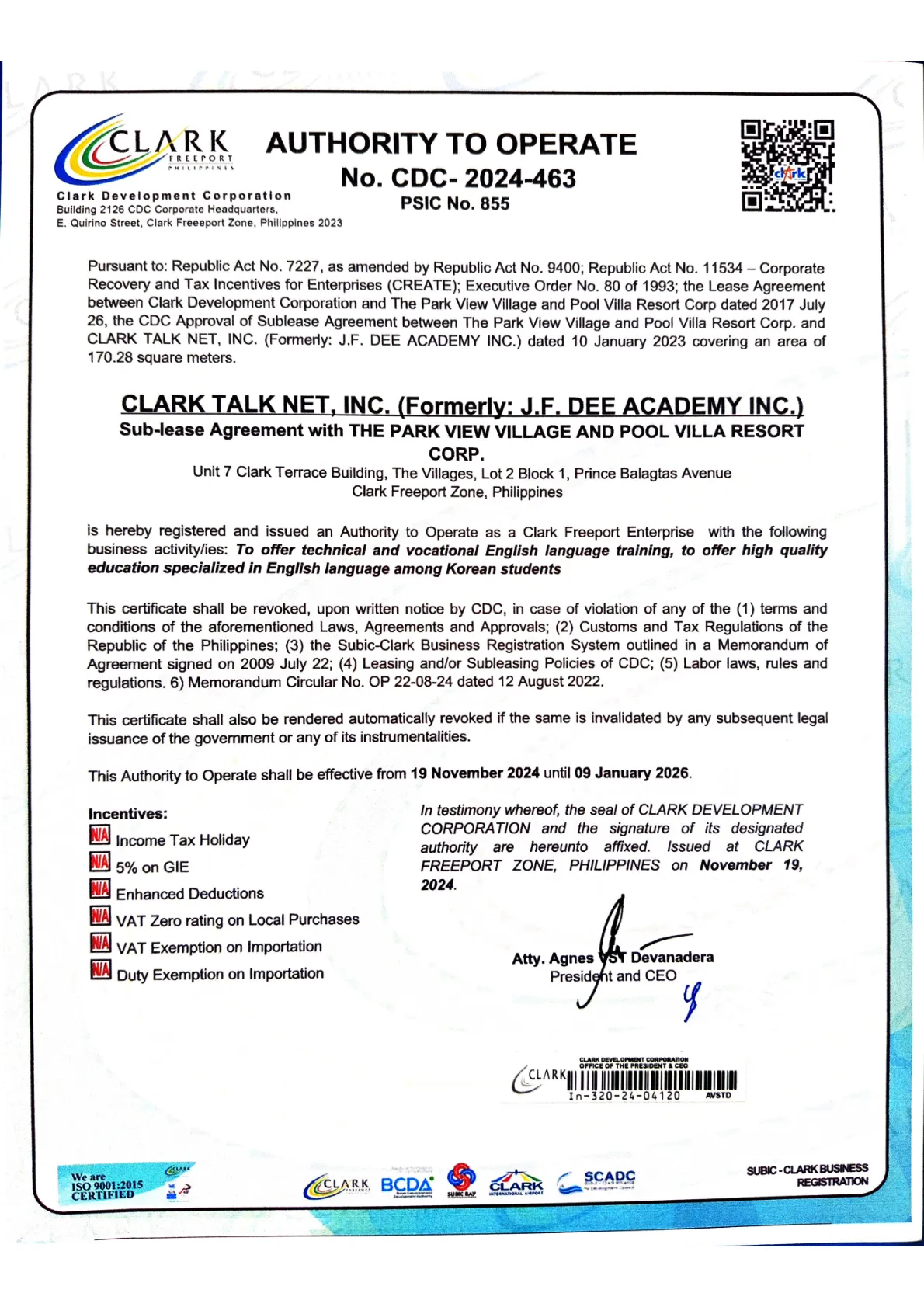 Talk Academy 克拉克語言學校營業許可證 - 政府核准合法經營