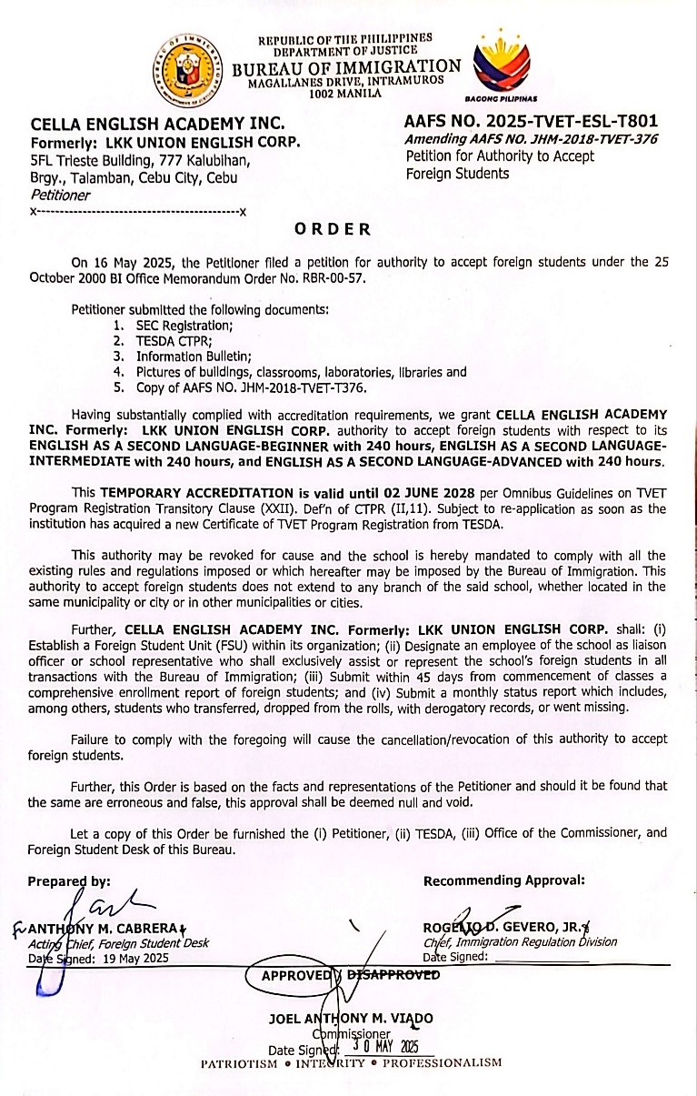 CELLA SSP 認證文件 - 菲律賓合法辦學證明