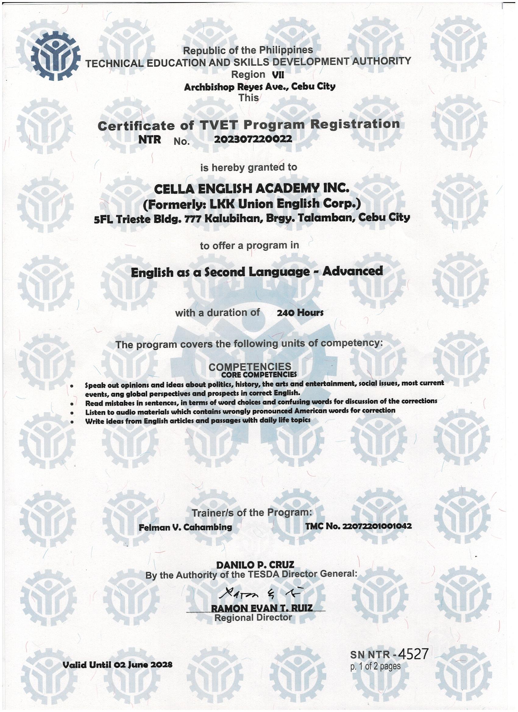 CELLA TESDA 認證 - 菲律賓技職教育局認可