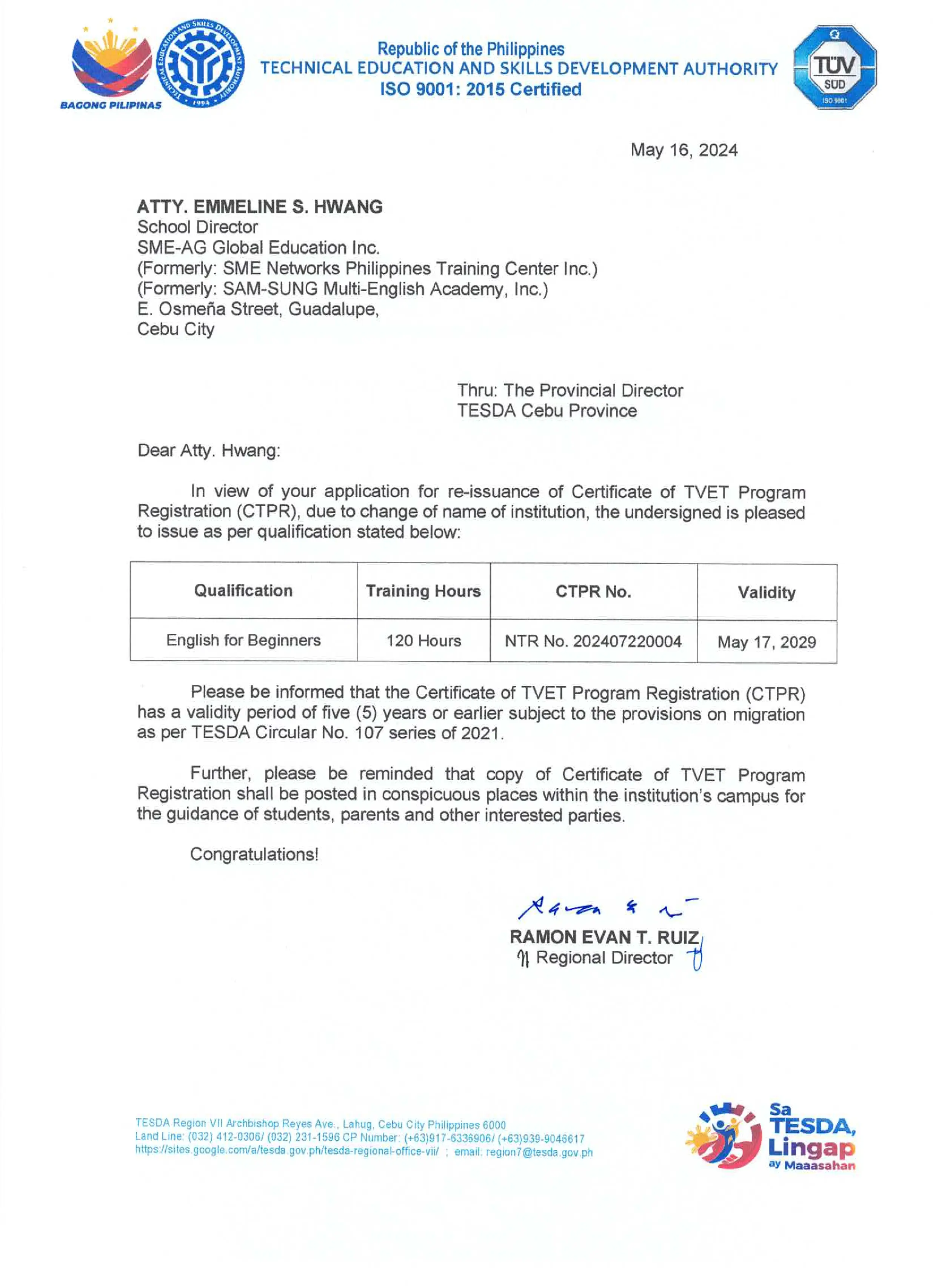 SMEAG TESDA 認證 - 菲律賓技職教育局認可