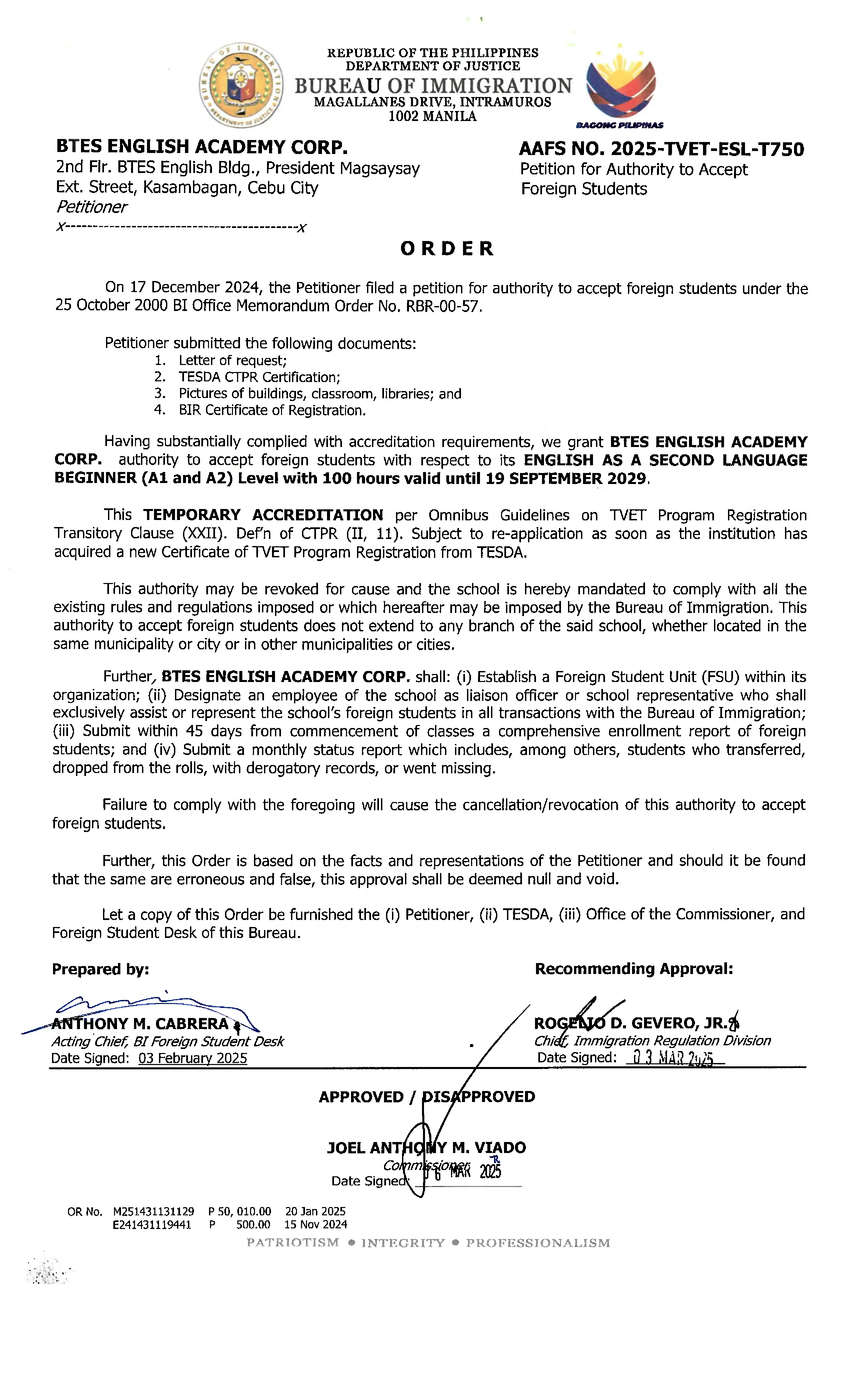 BTES SSP 認證文件 - 菲律賓合法辦學證明