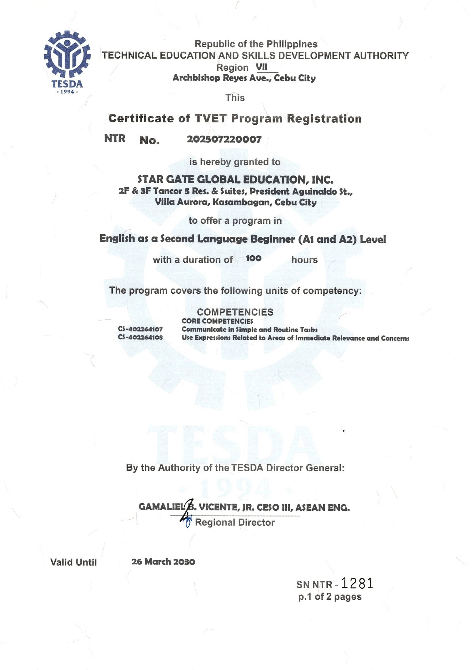 Stargate 宿霧語言學校 TESDA 認證 - 菲律賓技職教育局認可